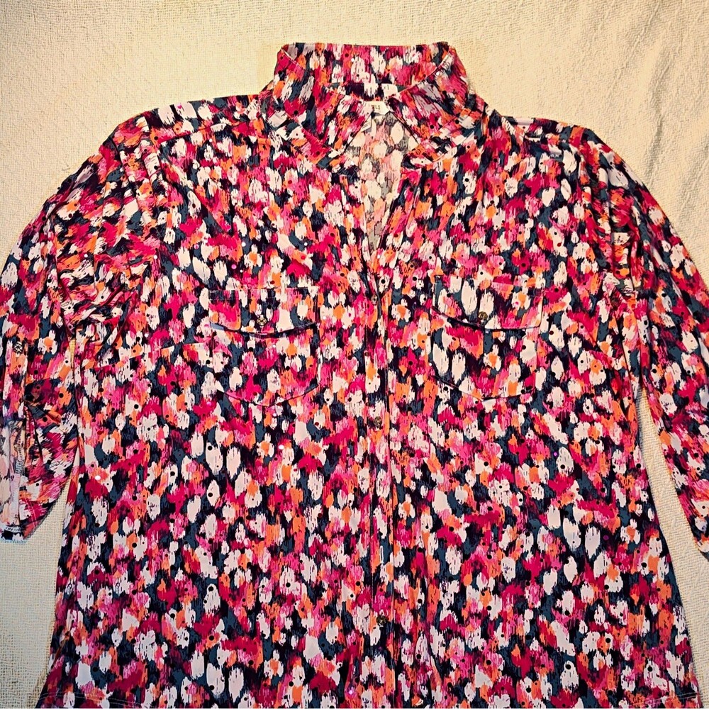 Emily Daniels XL Abstract Multicolor Sequin Button-Up 3/4 Sleeve Blouse 1364
